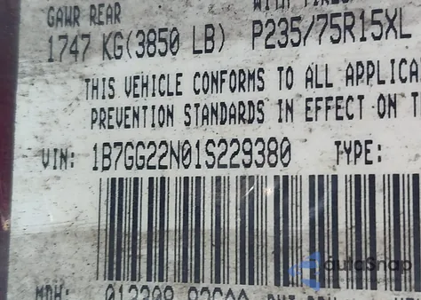 2001 Dodge Dakota Slt/Sport z USA, uszkodzony, nr VIN 1B7GG22N01S229380